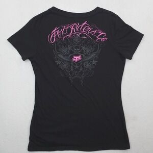 Fox Riders Shirt Womens XL Black V Neck Skull Rose Graphic Moto Back Print